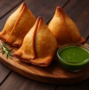 Combination of green chilli sauce with samosas
